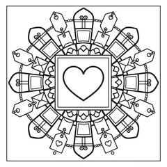 A romantic mandala coloring page featuring a central heart surrounded by gifts and love tags