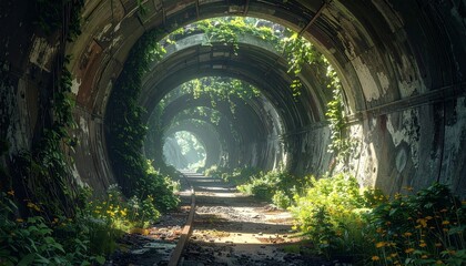 Naklejka premium Overgrown abandoned tunnel with sunlight filtering through, creating a mystical and eerie atmosphere.