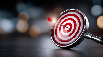 A red and white target with a red arrow pointing to it. Concept of aiming for a goal or target