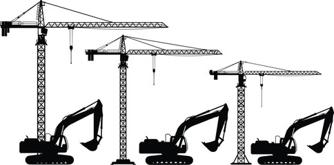 Tower crane and excavator silhouettes set featuring heavy construction machinery for industrial engineering, building development and infrastructure design projects