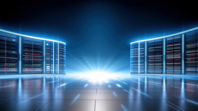 Data security server rack center network futuristic server room with glowing blue racks