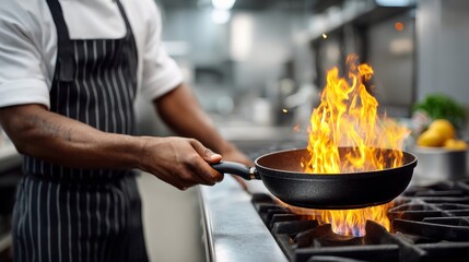 A chef is cooking food in a pan with flames. Concept of excitement and anticipation as the chef prepares a delicious meal. The flames add a dramatic element to the scene, emphasizing the chef's skill