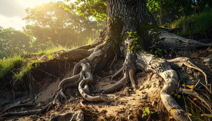 Massive tree roots exposed on a grassy bank with sunlight filtering through the leaves.
