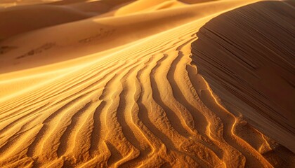 Golden sand dunes sculpted by the wind under the warm sunlight, creating beautiful patterns and textures in the desert landscape.