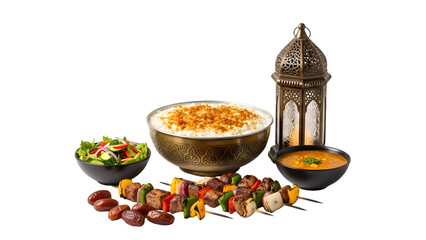 Middle Eastern cuisine on transparent background, kebabs, rice, salad, and lantern
