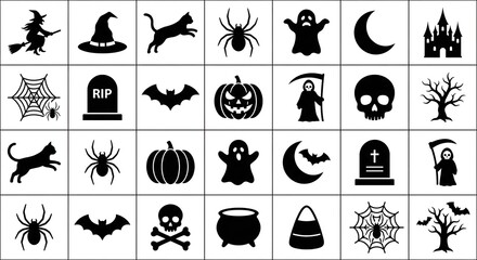 Fototapeta premium Halloween Icons Collection Silhouette Set Witch Cat Spider Pumpkin Ghost Moon Castle Tombstone Bat broom