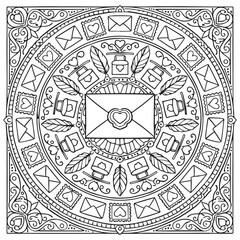 A romantic love letter mandala design for a mindful adult coloring experience