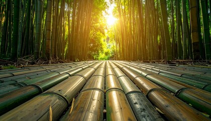 Sunlight filtering through a dense bamboo forest with a path made of bamboo logs.