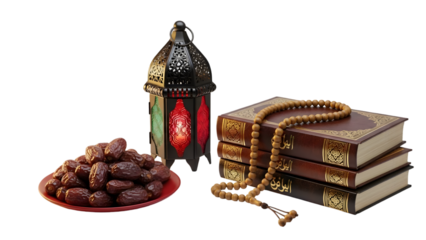 Ramadan Kareem decorations with dates, lantern, and Quran on transparent background