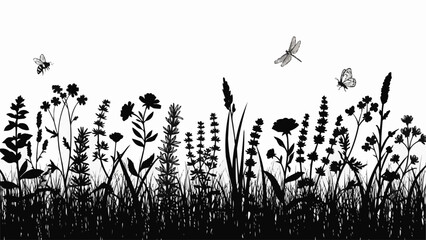 Black Silhouette of Wildflowers and Butterflies.