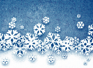 Blue halftone snowflake border pattern printed on paper macro texture