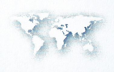 Blue halftone world map on textured white paper