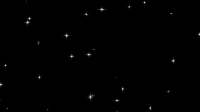 Twinkling stars on black background animation loop. glittering white stars flickering, realistic night sky star field with glowing particles overlay.