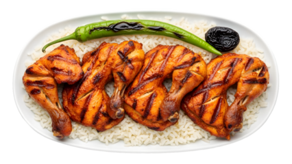 Grilled chicken with rice and chili pepper on transparent background