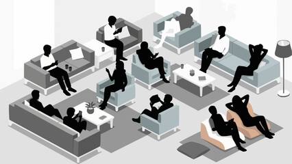 People Relaxing on Sofas in Lounge Area.