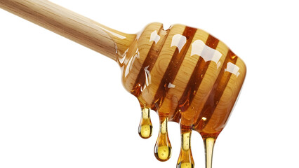 Honey dripping from a wooden honey dipper on transparent background