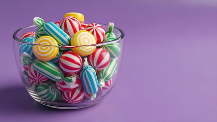 Colorful Candy in Glass Bowl on Purple Background