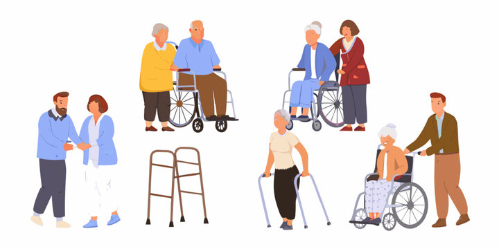 Diverse group of elderly people and caregivers interacting in a supportive setting