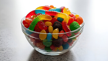 Colorful jelly beans in glass bowl on speckled grey surface
