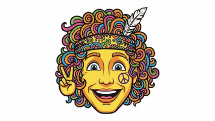 Colorful Cartoon Face with Peace Sign Hand Gesture.