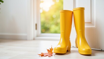 Yellow rubber boots near the door with autumn leaves on floor  