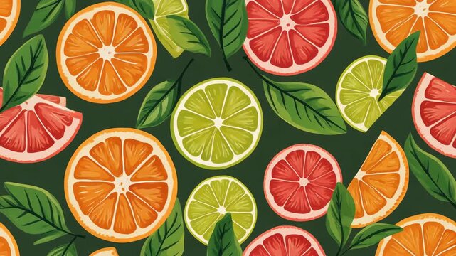 Colorful Citrus Fruits Pattern with Leaves.