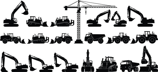 Large construction machinery silhouettes collection featuring excavators, bulldozers, cranes, dump trucks and tractors for industrial engineering design projects © MstHalima