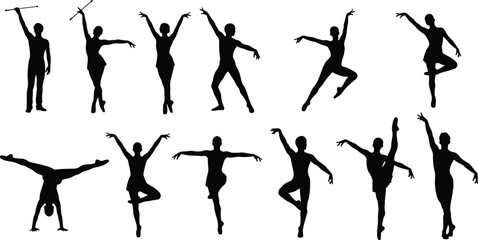 Dance, dancer, silhouette, set, ballet, contemporary, jazz, poses, graceful, movement, performance, art, fitness, rhythm, black, vector, illustration, collection, isolated, icons