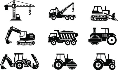 Construction machinery icons set featuring crane, excavator, bulldozer, dump truck, tractor, roller silhouettes for industrial engineering projects design © MstHalima