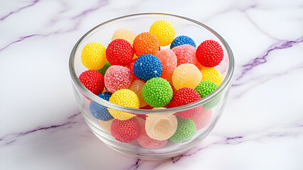 Colorful candy balls in glass bowl on marble