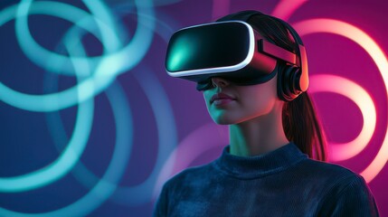 A woman wearing a virtual reality headset, immersed in a colorful, digital environment with vibrant light patterns.