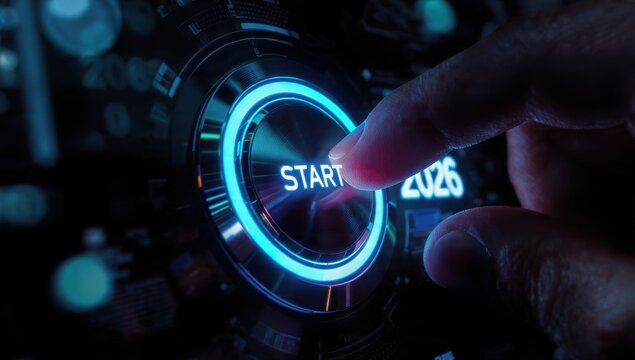 Finger pressing glowing digital START button on a high-tech dashboard, marking the beginning of the New Year 2026. Futuristic business launch and innovation concept. - Powered by Adobe