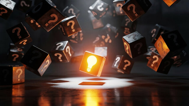 Glowing lightbulb cube among question mark cubes floating in dark idea