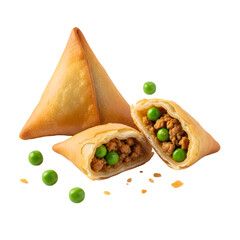 Delicious samosas with peas and meat filling on transparent background