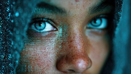 Close-up of a person with blue eyes peering from a hood, face lit by matrix-like digital code overlay. Concept Close-up portrait with hood, Blue-eyed gaze, Matrix code lighting, Cyberpunk mystery