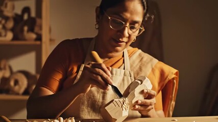 Skilled Artisan Meticulously Carving Wood Sculpture Demonstrating Craftsmanship and Artistry