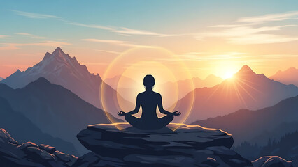 Fototapeta premium Peaceful Meditation Illustration Person meditating in lotus pose with sunrise background