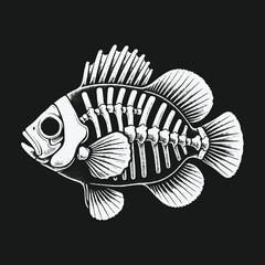 Fototapeta premium Monochrome vintage style fish skeleton illustration on a black background.