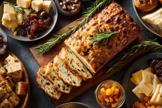 Pain Epices loaf on wooden cutting board, surrounded by cheeses, dried fruit, nuts. Concept of cozy, warm atmosphere, celebrating French traditional spice bread, honey flavors.