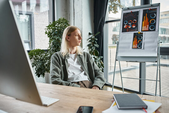 Contemplative moment of a stylish non binary individual in a modern workspace