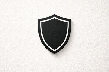 Black shield emblem minimal security evokes calm confidence on a textured white wall modern protective motif conveying trust and clarity subtly reassuring viewer