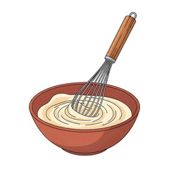 Whisk in brown bowl with creamy mixture on transparent background