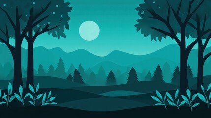 Moonlit forest landscape teal and blue stylized nature illustration simple hills and trees silhouette