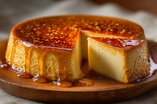 Pudim Natal on wooden plate with slice cut out, drizzled with caramel sauce. Concept of rustic dessert, celebrating festive season with Christmas pudding flan Portuguese delicacy.