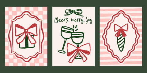 Whimsical Christmas vector cards set. Vintage retro holidays print designs with gift, wine glasses, ornament illustrations in coquette frames