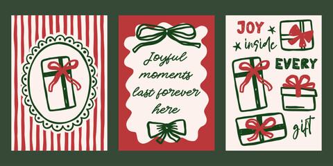 Whimsical Christmas vector cards set. Vintage retro holidays print designs with gift boxes, bows illustration, festive quotes in coquette frames