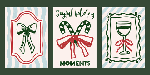 Whimsical Christmas vector cards set. Vintage retro holidays print designs with bows, candy canes, wine glass illustrations in coquette frames
