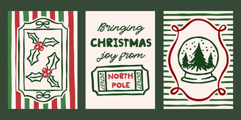 Whimsical Christmas vector cards set. Vintage retro holidays print designs with holly, train ticket, snow globe illustrations in coquette frames