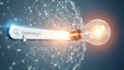 Search bar with glowing light bulb and network connections lightbulb