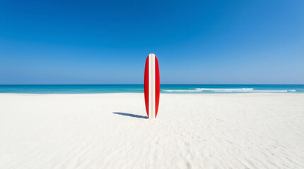 Red and White Surfboard Standing in Pristine White Sand on a Sunny Tropical Beach with Clear Blue Ocean